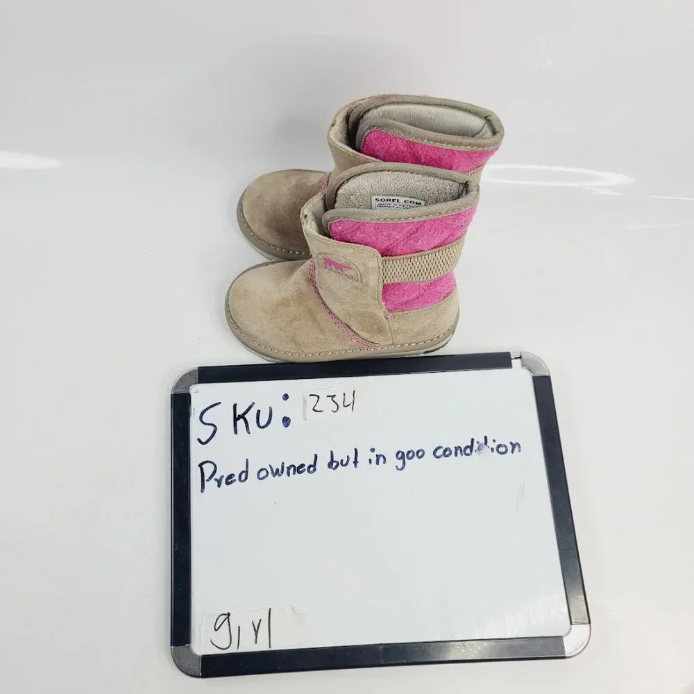 Sorel Girl's Tan Pink Newbie Short Leather Ankle Winter Snow Boots‎ Size 9